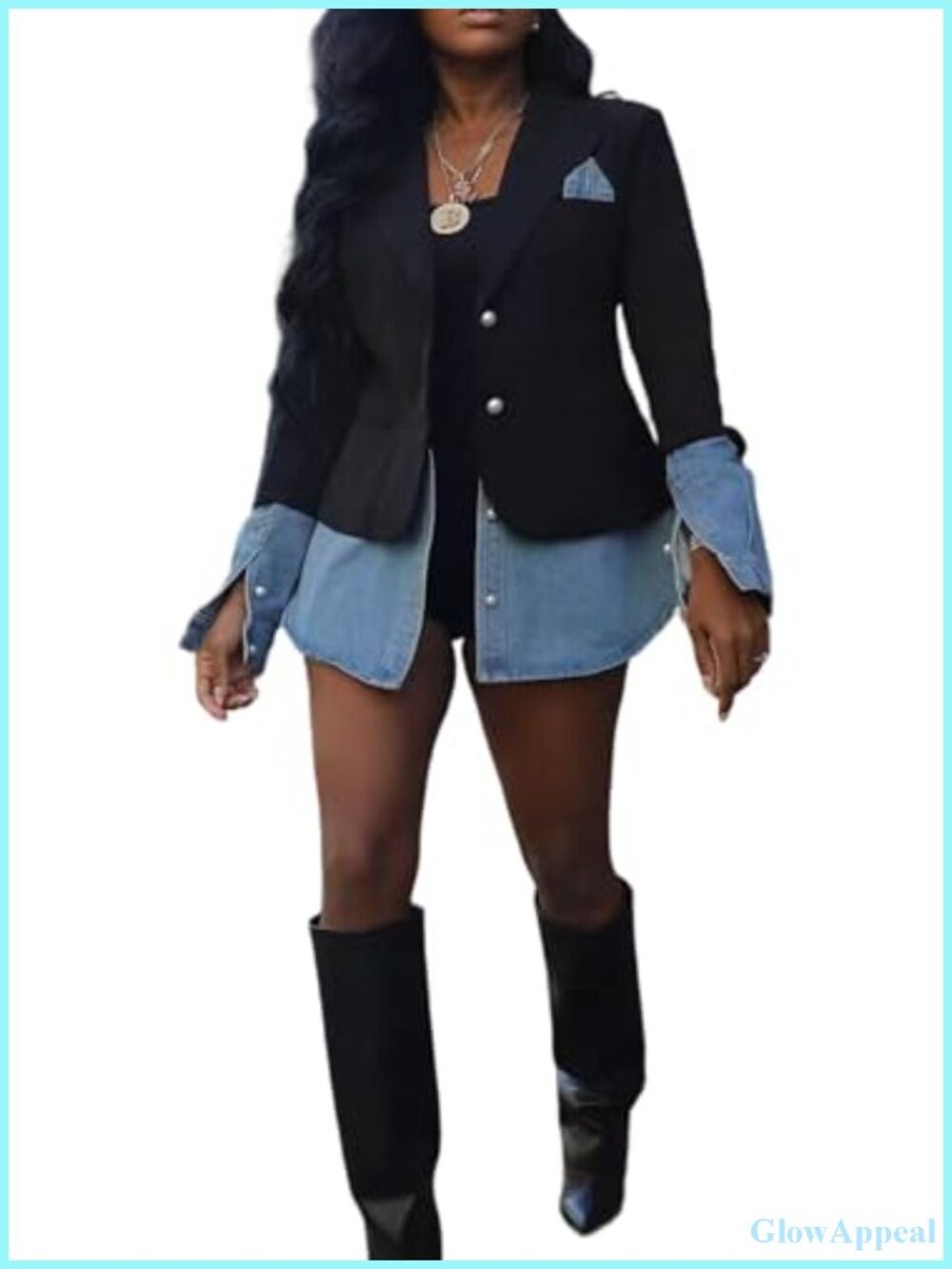 Womens Denim Patchwork Blazer Long Sleeve Button Down Jacket
